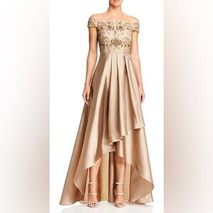 Adrianna Papell Off-the-Shoulder High Low Beaded Gown